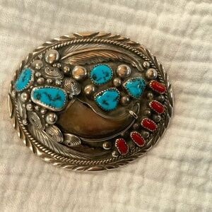Elaine Sam Navajo Sterling Silver belt buckle w/ Coral and Turquoise